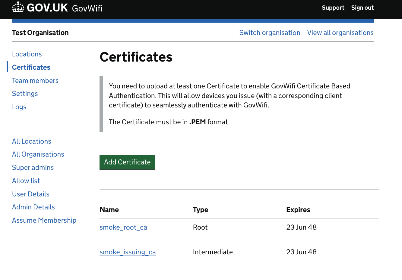 Screenshot showing the GovWifi Admin site with on the Certificates