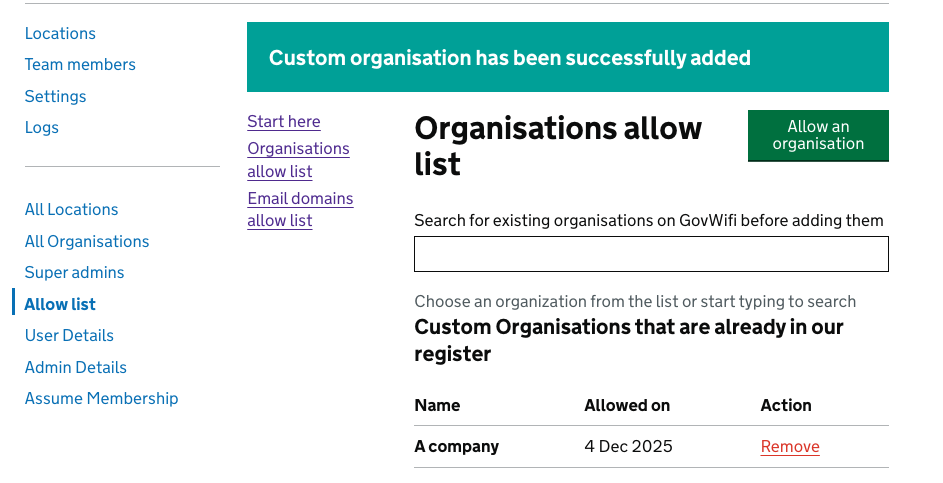 confirmation message, that the organisation has been added