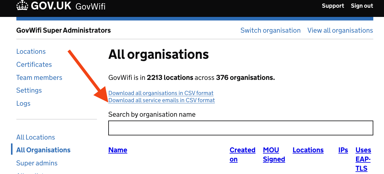 Screenshot of Download all service emails