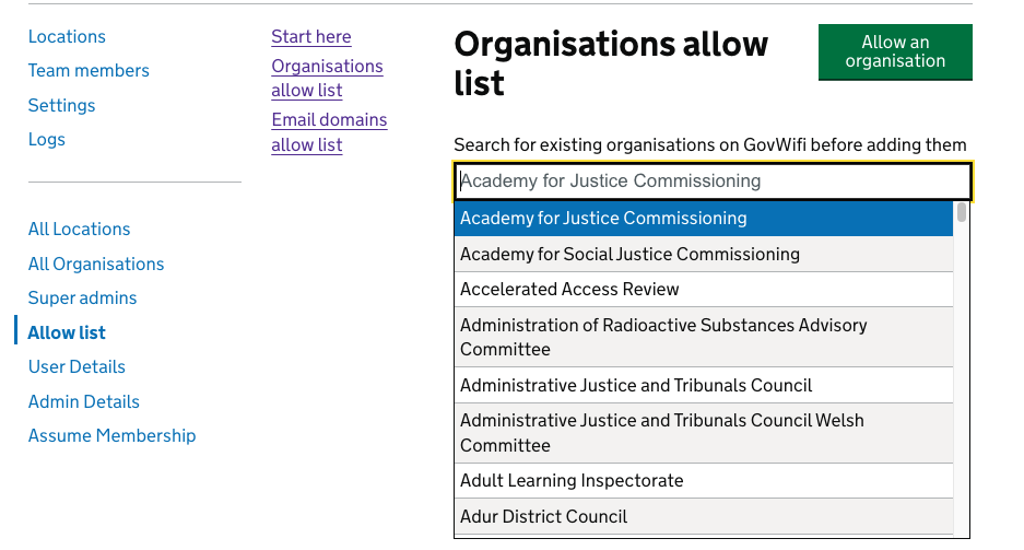 Give an organisation access to GovWifi