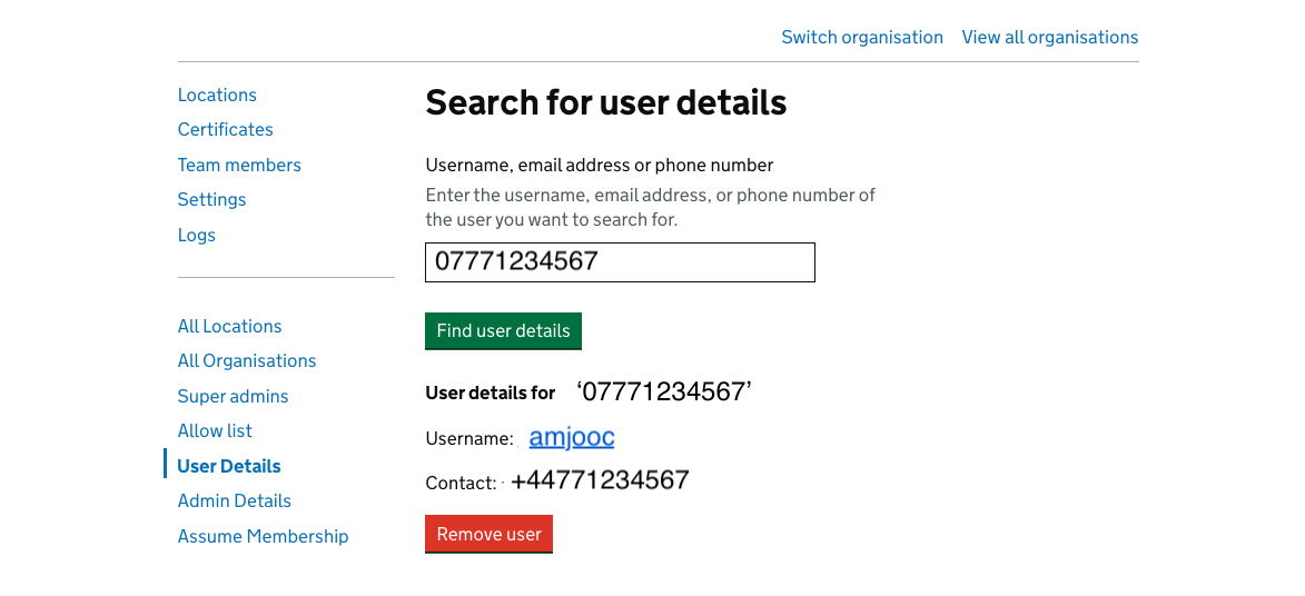 Enter the user's phone number