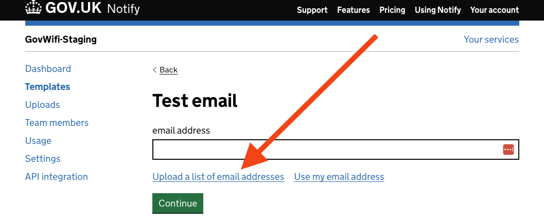 Screenshot of Upload list of email addresses